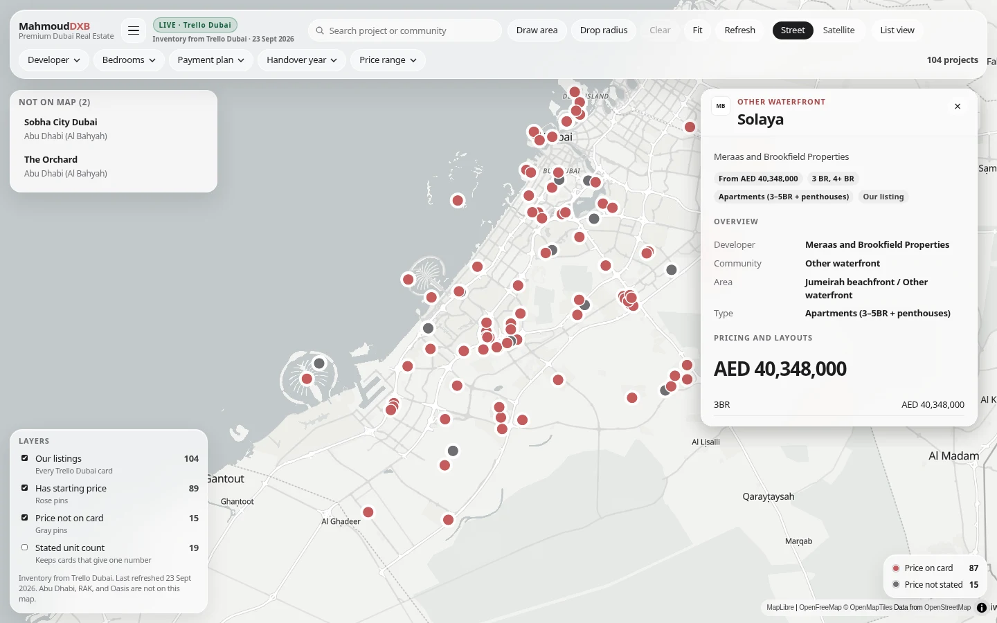 Dubai Map CRM: project pins across Dubai, filter bar and an open project card